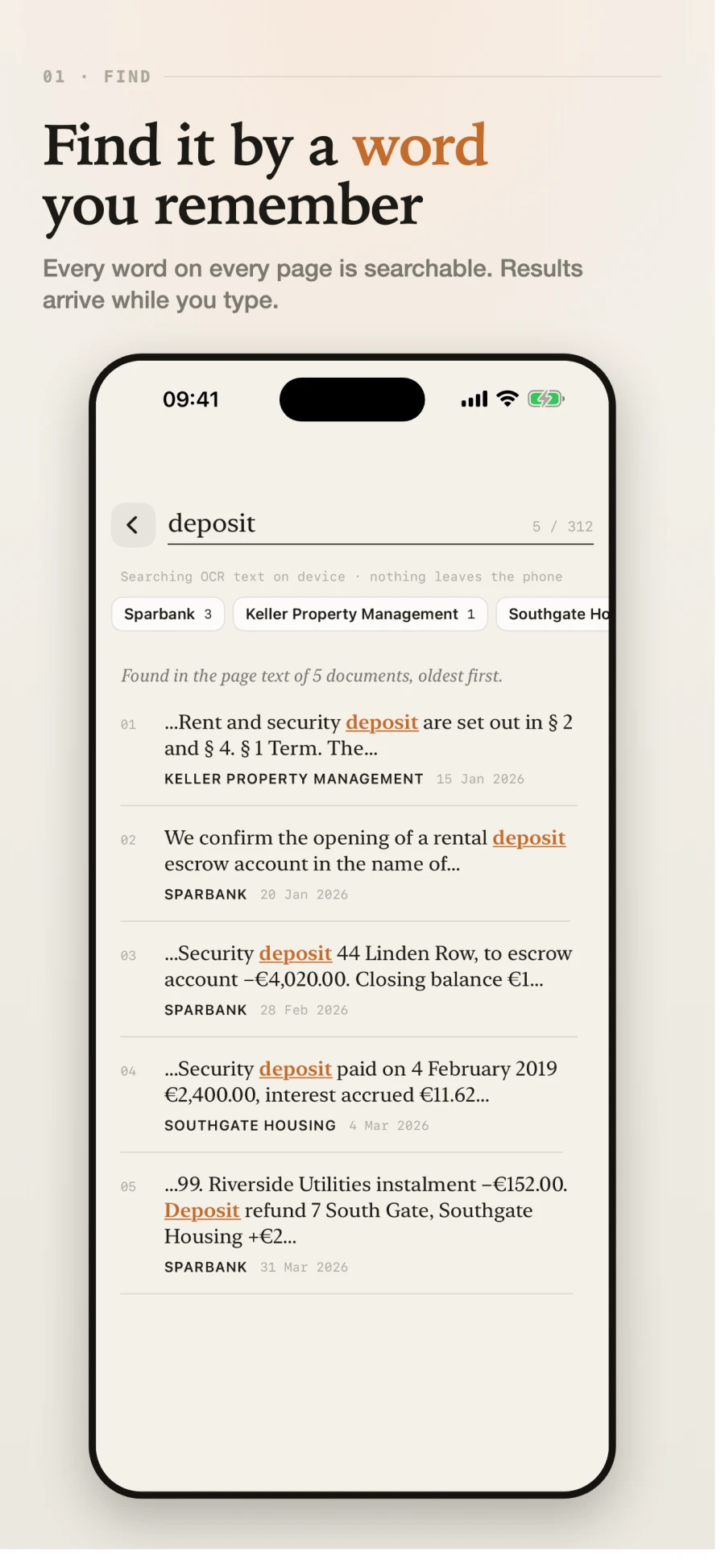 Search results showing the matched sentence from five documents, not their filenames