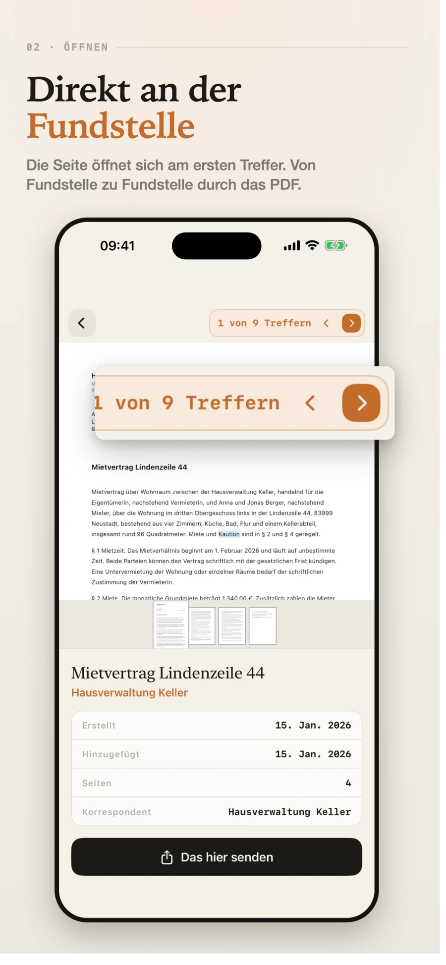 Ein ge&ouml;ffneter Mietvertrag am gefundenen Wort, mit einem Z&auml;hler f&uuml;r die anderen acht Treffer