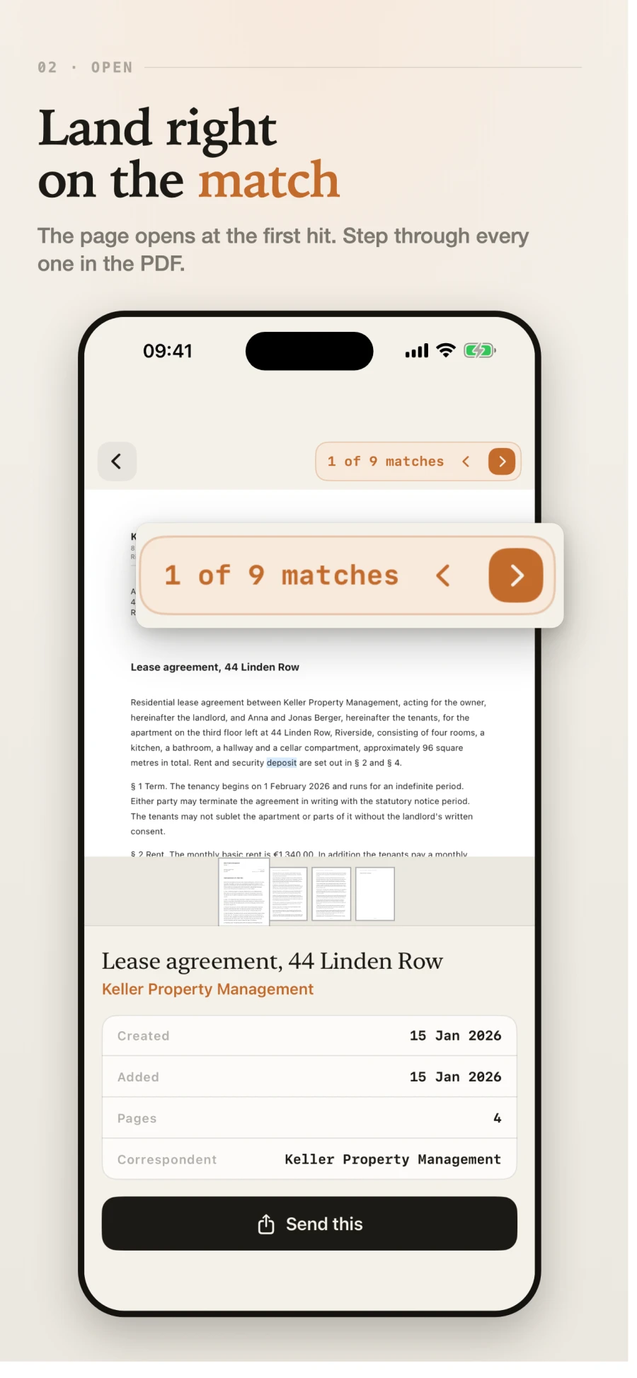 A lease agreement open at the matched word, with a stepper for the other eight matches