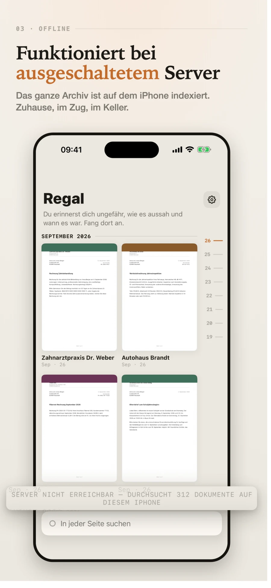 Das Regal nach Monat gruppiert, mit einer Statuszeile: Server nicht erreichbar, die Suche l&auml;uft trotzdem