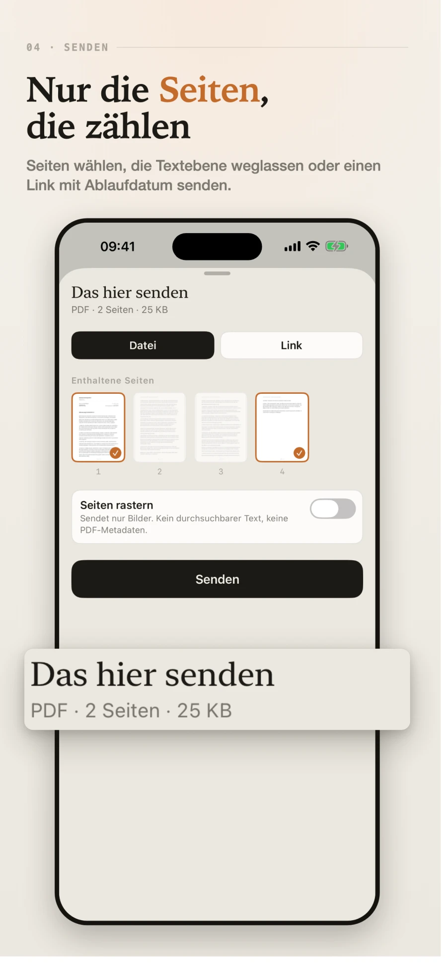 Ein Sende-Dialog mit zwei von vier ausgew&auml;hlten Seiten und erhaltener Textebene
