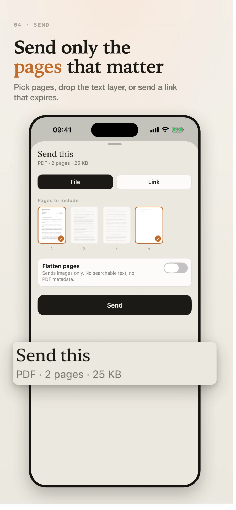 A send sheet with two of four pages selected and the text layer left intact