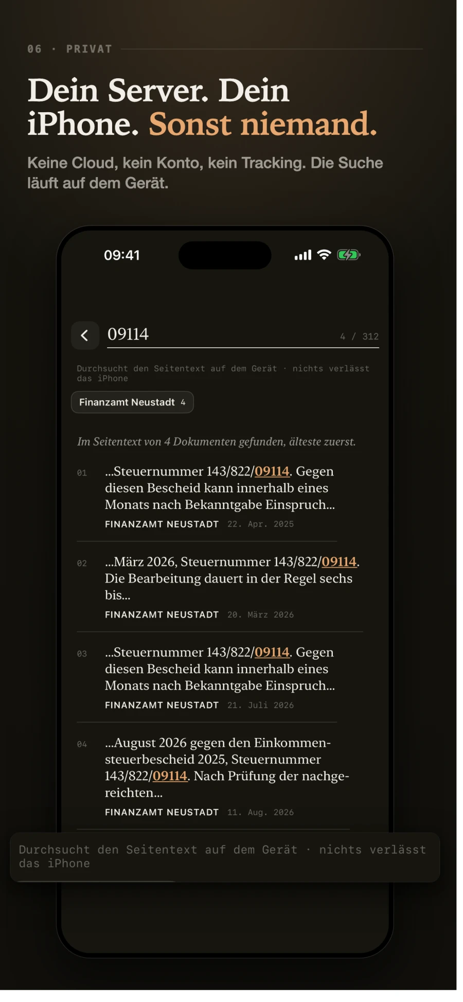 Ein dunkler Suchbildschirm mit dem Hinweis: durchsucht Text auf dem Ger&auml;t, nichts verl&auml;sst das Telefon