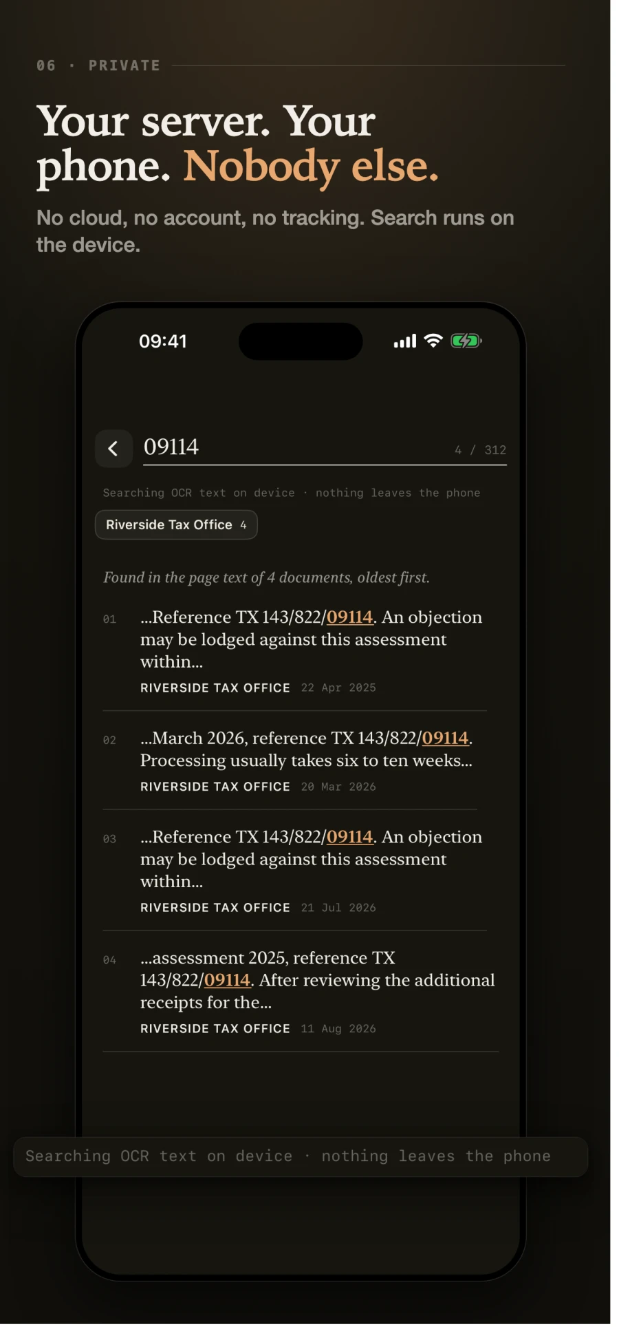 A dark search screen with the line: searching on-device text, nothing leaves the phone